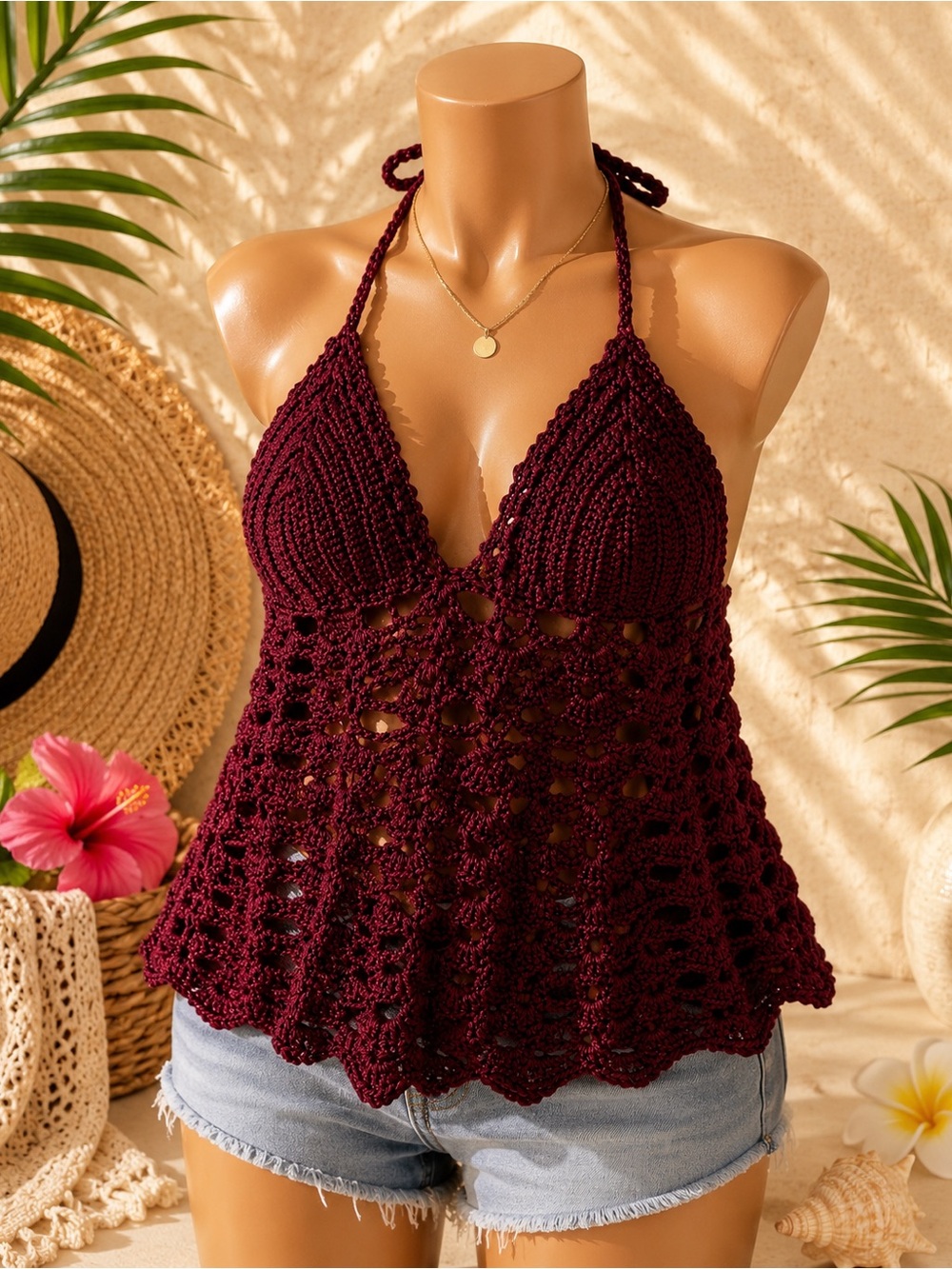 Crocheted Halter Tank Top in Deep Burgundy